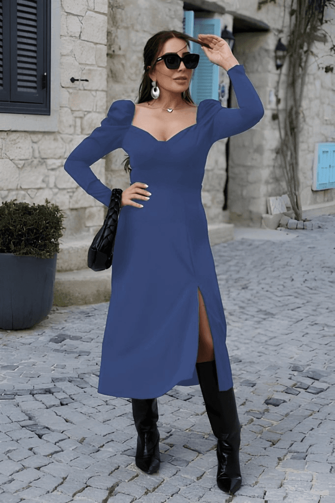 Kadın Uzun Kollu Göğüs Ve Sırt Dekolteli Krep Midi Boy Elbise — görsel 1/4