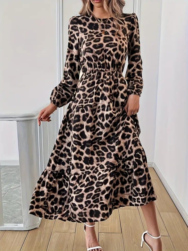 Uzun Kollu Bisiklet Yaka Leopar Desenli Midi Süprem Elbise — görsel 1/6