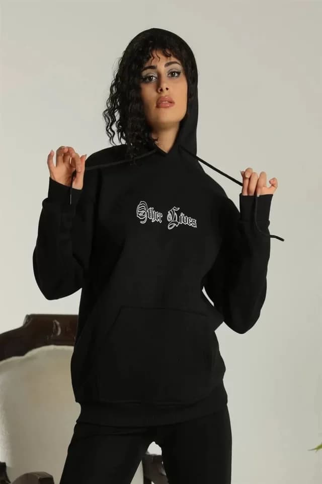 Sırt Baskılı Oversize Üç İplik Kapüşonlu Sweatshirt - Siyah — görsel 1/2