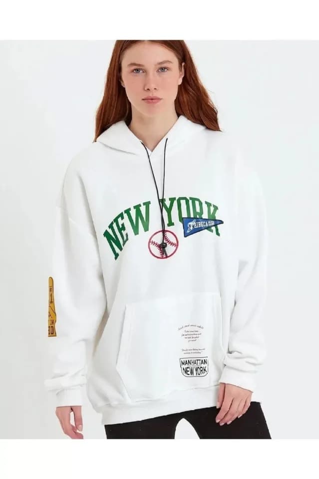 Baskılı Kapüşonlu Sweatshirt - Beyaz — görsel 1/4