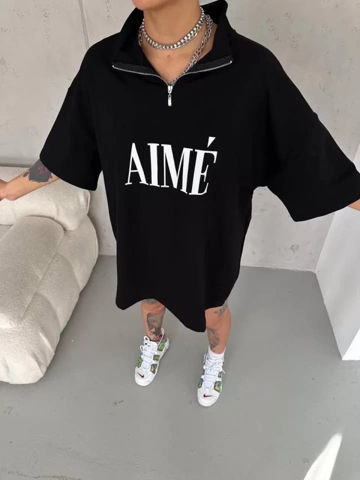 Unisex Yarım Fermuarlı Baskılı T-Shirt - Siyah — görsel 1/2