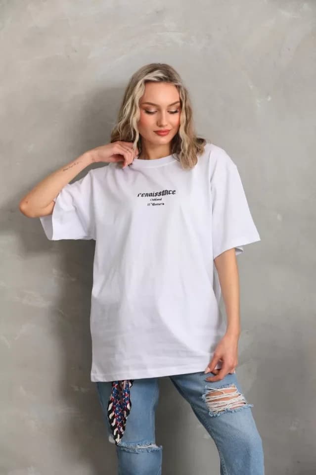 Unisex Baskılı Oversize T-Shirt - Beyaz — görsel 1/4
