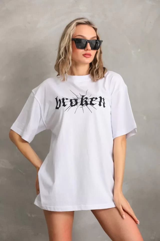 Unisex Baskılı Oversize T-Shirt - Beyaz — görsel 1/4
