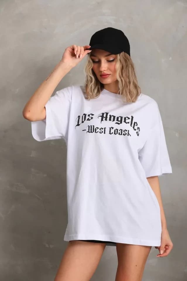 Unisex Baskılı Oversize T-Shirt - Beyaz — görsel 1/4