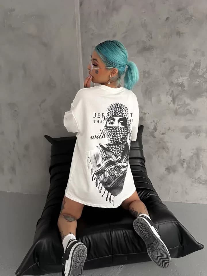 Unisex Baskılı Oversize T-Shirt - Beyaz — görsel 1/4