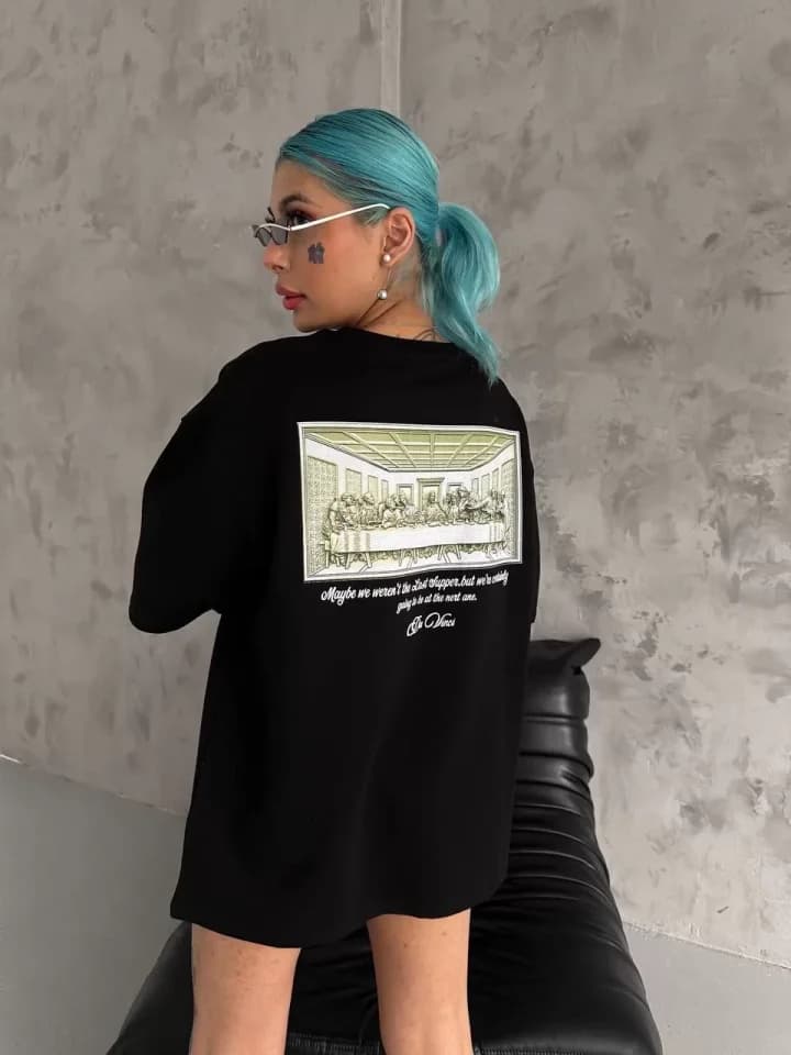 Unisex Baskılı Oversize T-Shirt - Siyah — görsel 1/4