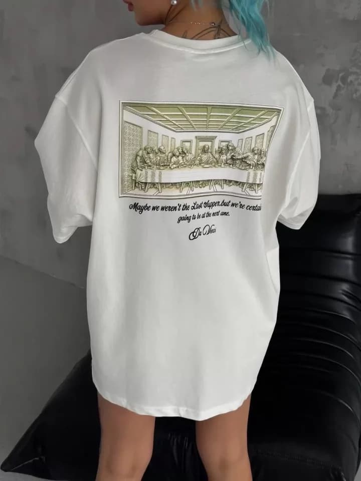 Unisex Baskılı Oversize T-Shirt - Beyaz — görsel 1/4