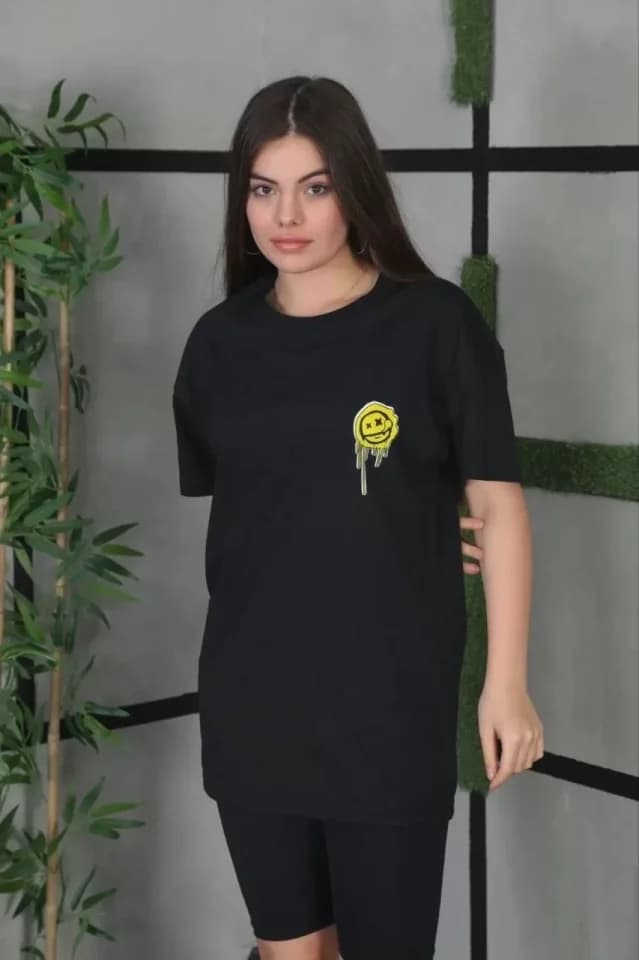 Unisex Bisiklet Yaka Baskılı Oversize T-Shirt - Siyah — görsel 1/3