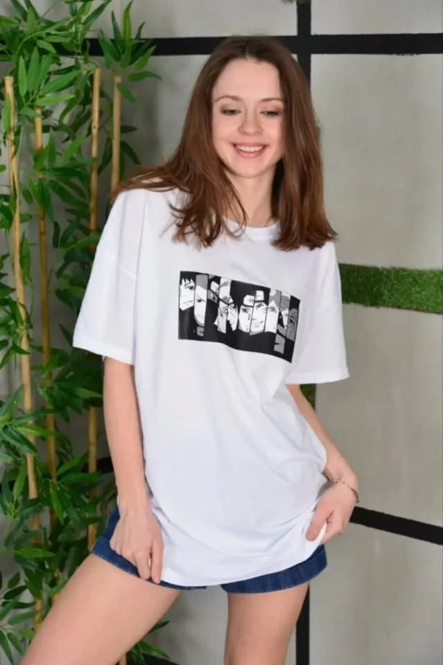 Unisex Bisiklet Yaka Baskılı Oversize T-Shirt - Beyaz — görsel 1/2