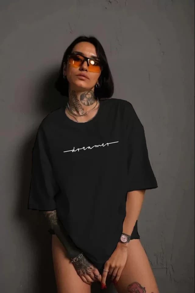 Unisex Bisiklet Yaka Baskılı T-Shirt - Siyah — görsel 1/1