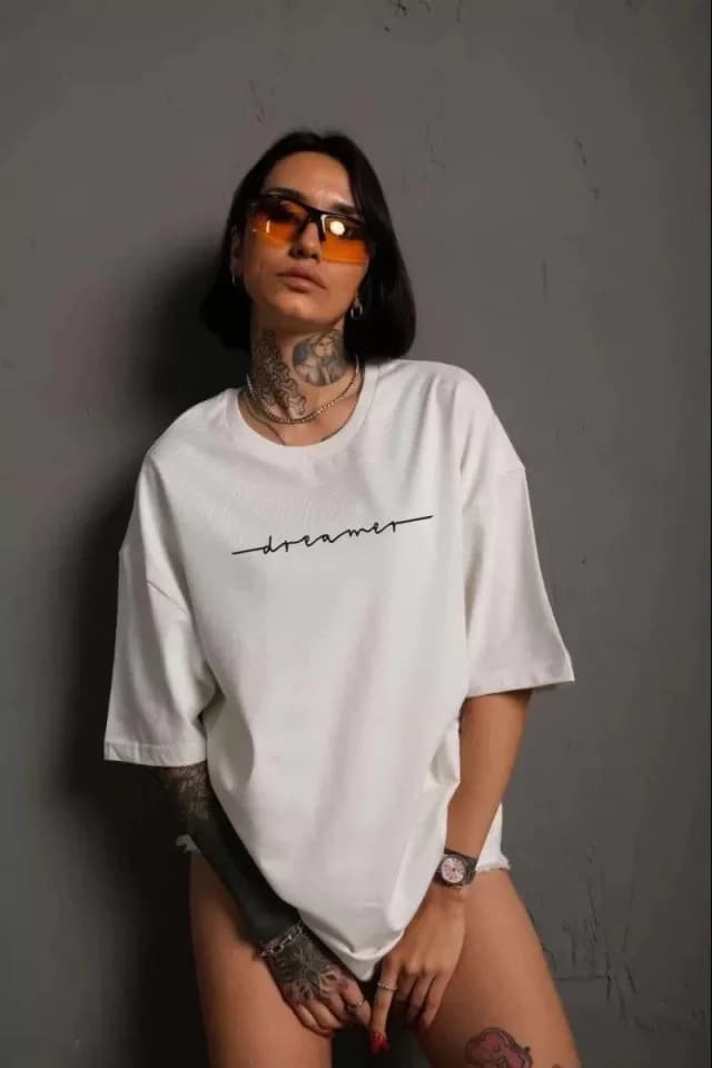 Unisex Bisiklet Yaka Baskılı T-Shirt - Beyaz — görsel 1/1