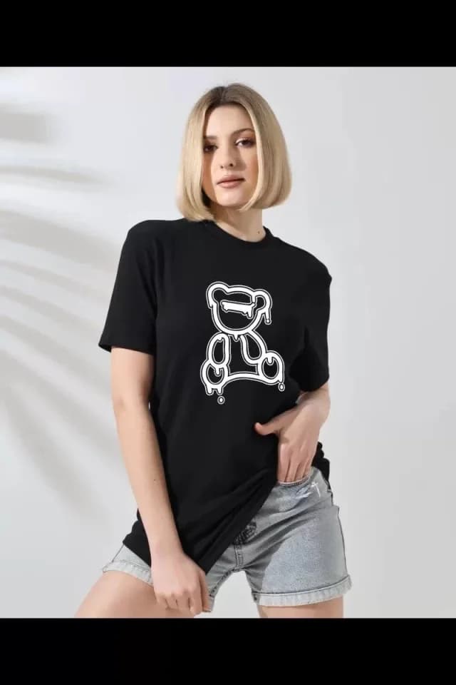 Unisex Bisiklet Yaka Baskılı T-Shirt - Siyah — görsel 1/1