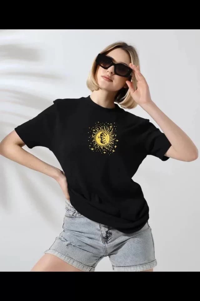 Unisex Bisiklet Yaka Baskılı T-Shirt - Siyah — görsel 1/1