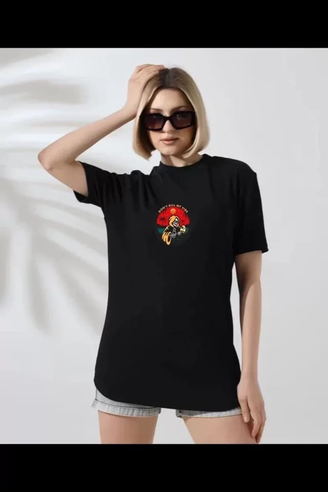 Unisex Bisiklet Yaka Baskılı T-Shirt - Siyah — görsel 1/1