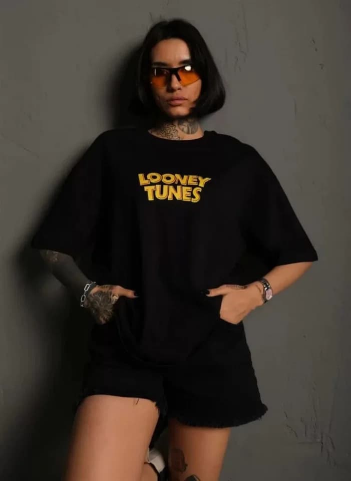 Unisex Bisiklet Yaka Baskılı Oversize T-Shirt - Siyah — görsel 1/2