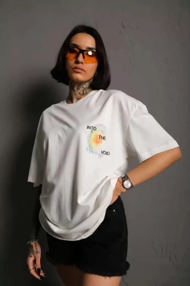 Unisex Bisiklet Yaka Baskılı Oversize T-Shirt - Beyaz — görsel 1/2
