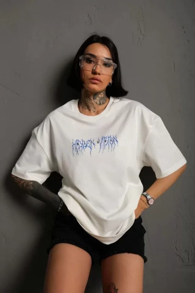 Unisex Bisiklet Yaka Baskılı Oversize T-Shirt - Beyaz — görsel 1/3