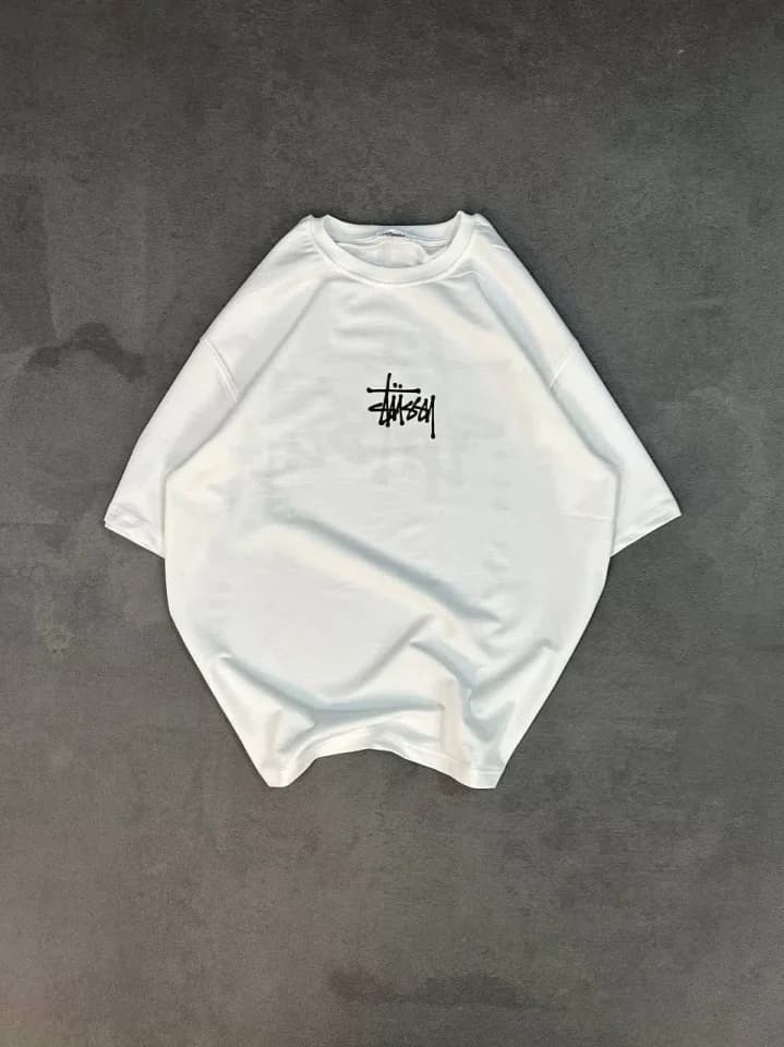 Unisex Bisiklet Yaka Baskılı Oversize T-Shirt - Beyaz — görsel 1/2
