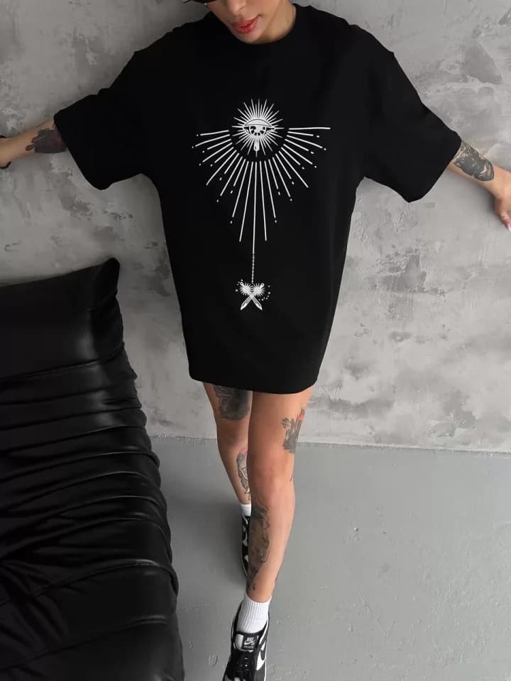 Unisex Bisiklet Yaka Baskılı Oversize T-Shirt - Siyah — görsel 1/3