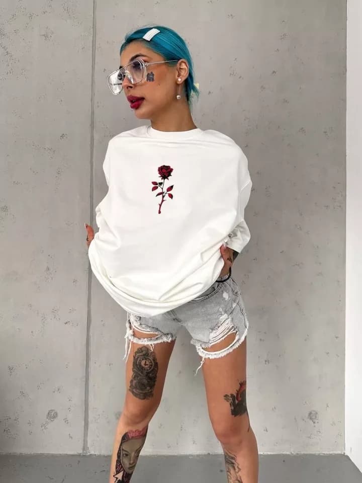 Unisex Bisiklet Yaka Baskılı Oversize T-Shirt - Beyaz — görsel 1/2