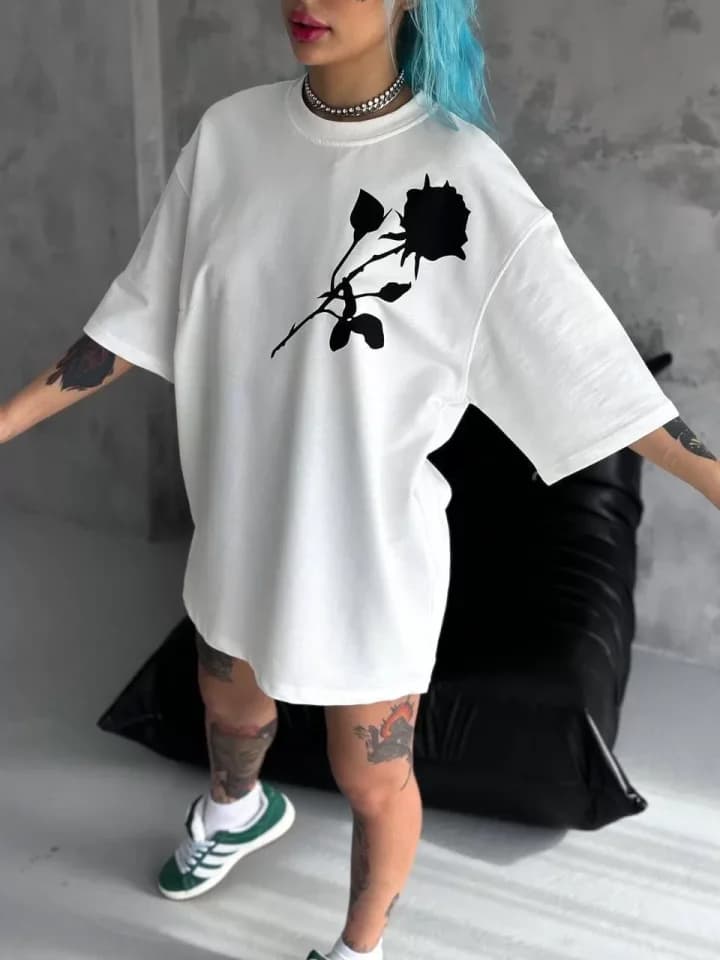 Unisex Bisiklet Yaka Baskılı Oversize T-Shirt - Beyaz — görsel 1/3