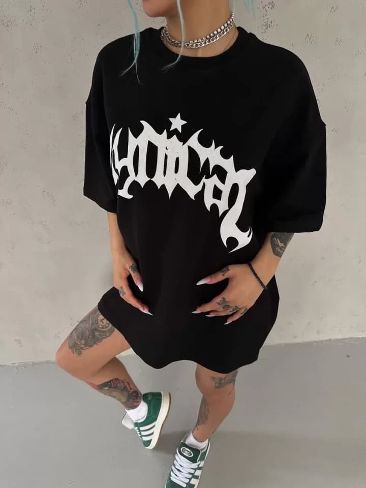 Unisex Bisiklet Yaka Baskılı Oversize T-Shirt - Siyah — görsel 1/3
