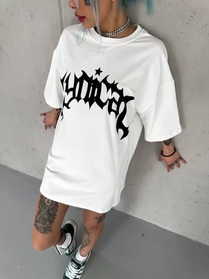 Unisex Bisiklet Yaka Baskılı Oversize T-Shirt - Beyaz — görsel 1/2