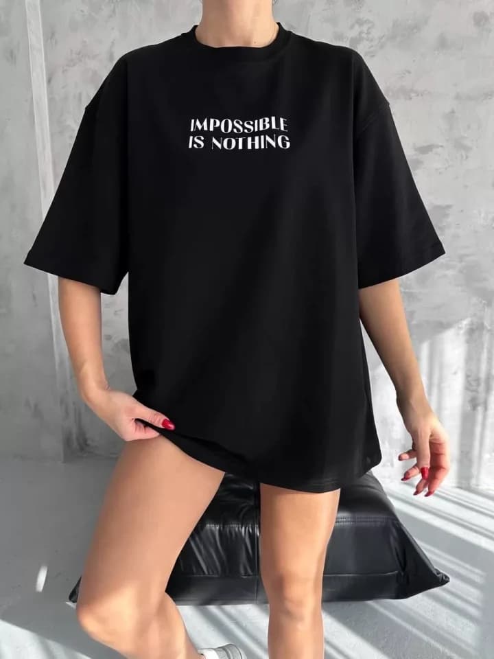 Unisex Bisiklet Yaka Baskılı Oversize T-Shirt - Siyah — görsel 1/1