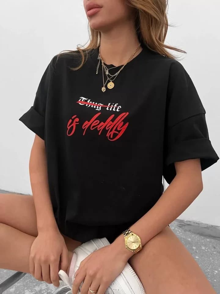 Unisex Bisiklet Yaka Baskılı Oversize T-Shirt - Siyah — görsel 1/1