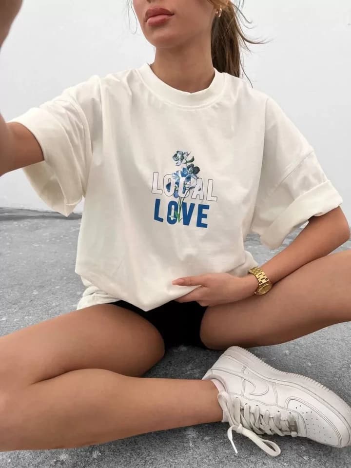 Unisex Bisiklet Yaka Baskılı Oversize T-Shirt - Beyaz — görsel 1/1