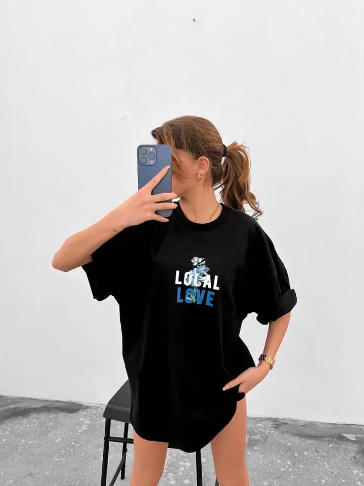 Unisex Bisiklet Yaka Baskılı Oversize T-Shirt - Siyah — görsel 1/1