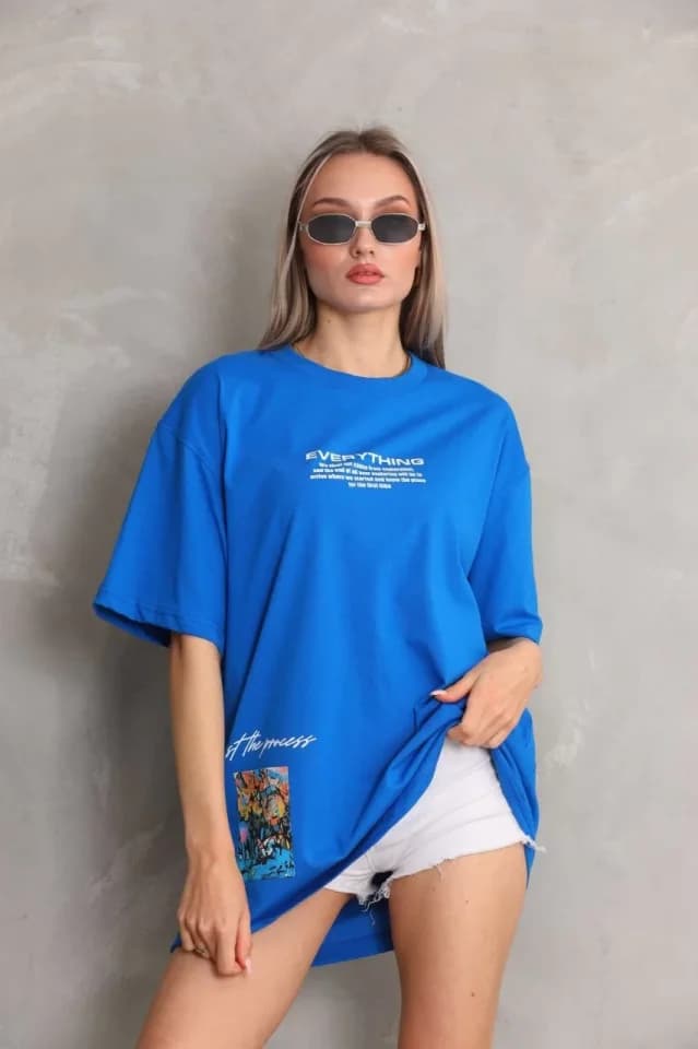 Unisex Bisiklet Yaka Baskılı Oversize T-Shirt - Mavi — görsel 1/4