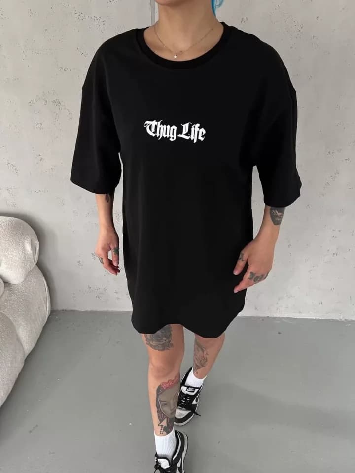 Unisex Bisiklet Yaka Baskılı Oversize T-Shirt - Siyah — görsel 1/3