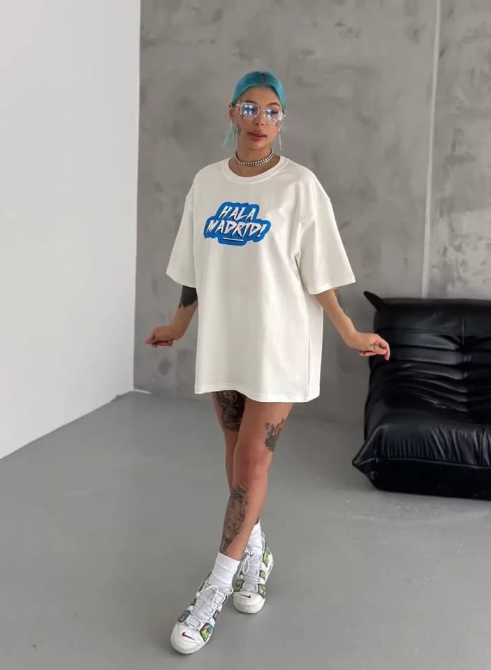 Unisex Bisiklet Yaka Baskılı Oversize T-Shirt - Beyaz — görsel 1/3