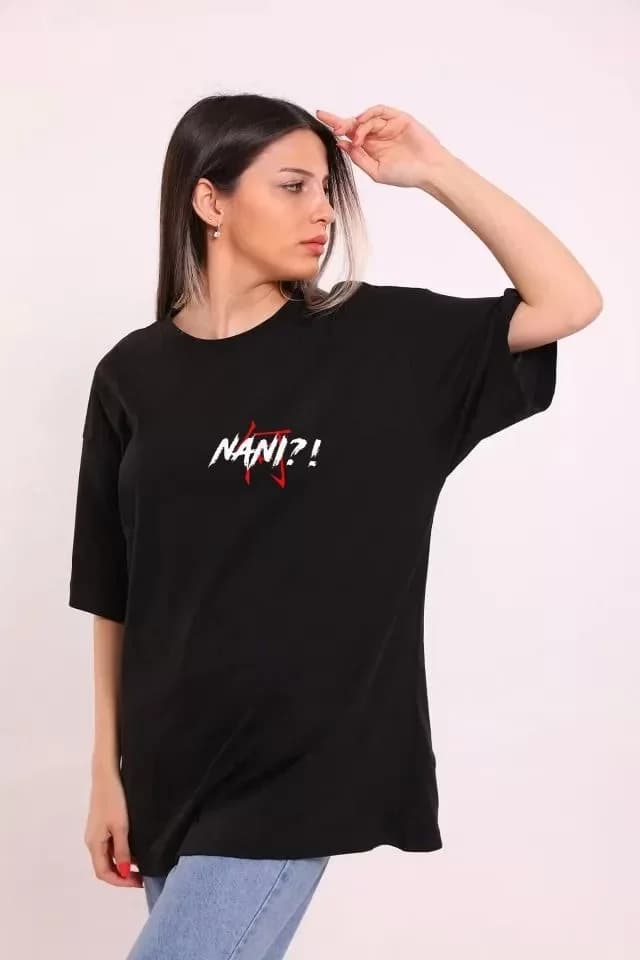 Unisex Bisiklet Yaka Baskılı Oversize T-Shirt - Siyah — görsel 1/2