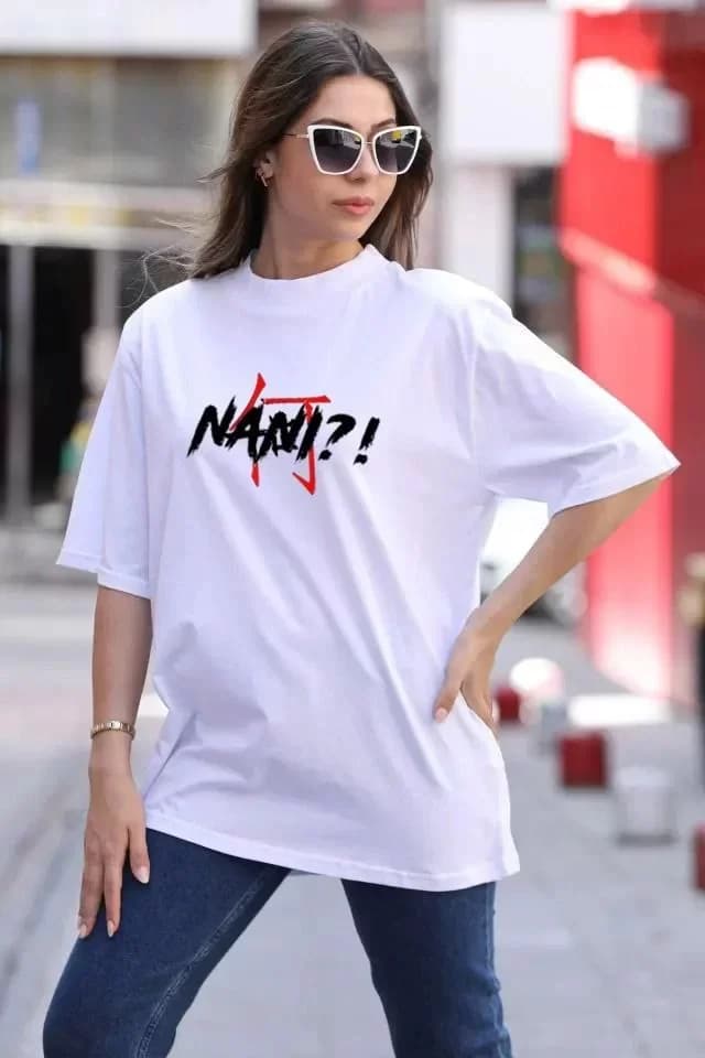 Unisex Bisiklet Yaka Baskılı Oversize T-Shirt - Beyaz — görsel 1/2