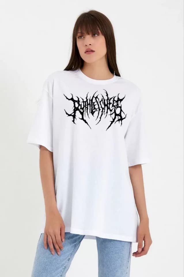 Unisex Bisiklet Yaka Baskılı Oversize T-Shirt - Beyaz — görsel 1/2