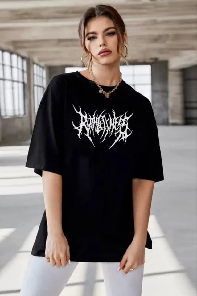 Unisex Bisiklet Yaka Baskılı Oversize T-Shirt - Siyah — görsel 1/2