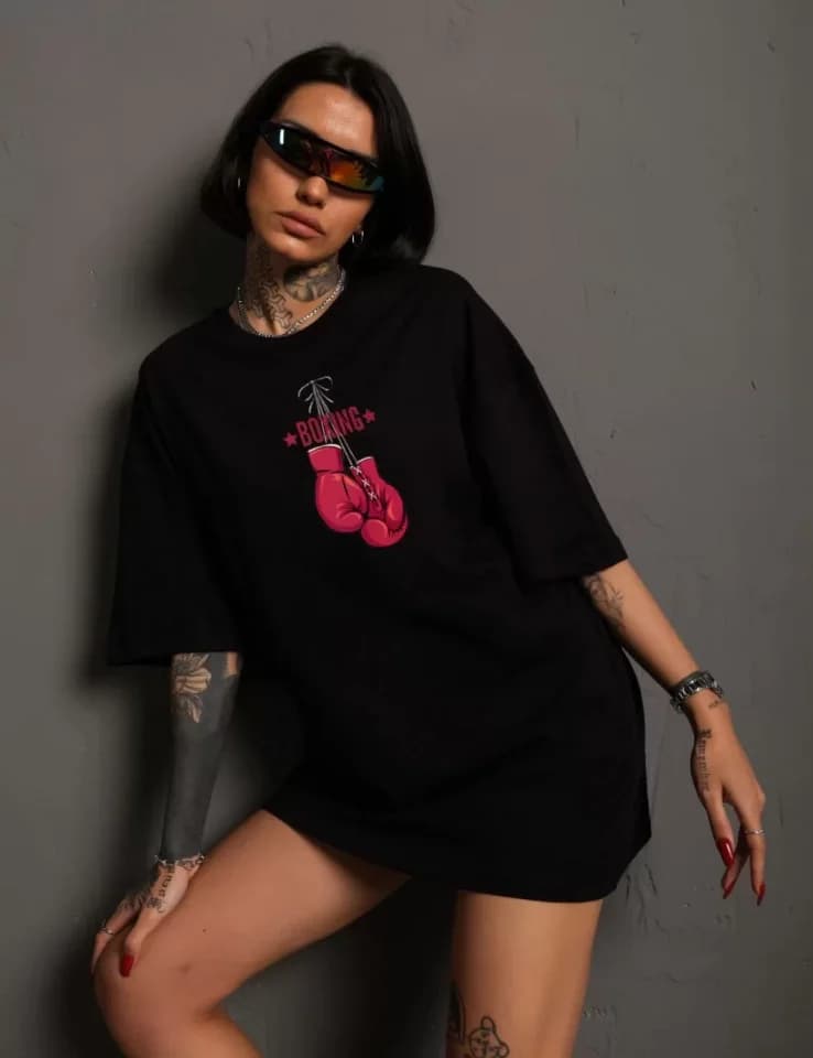 Unisex Bisiklet Yaka Baskılı Oversize T-Shirt - Siyah — görsel 1/1