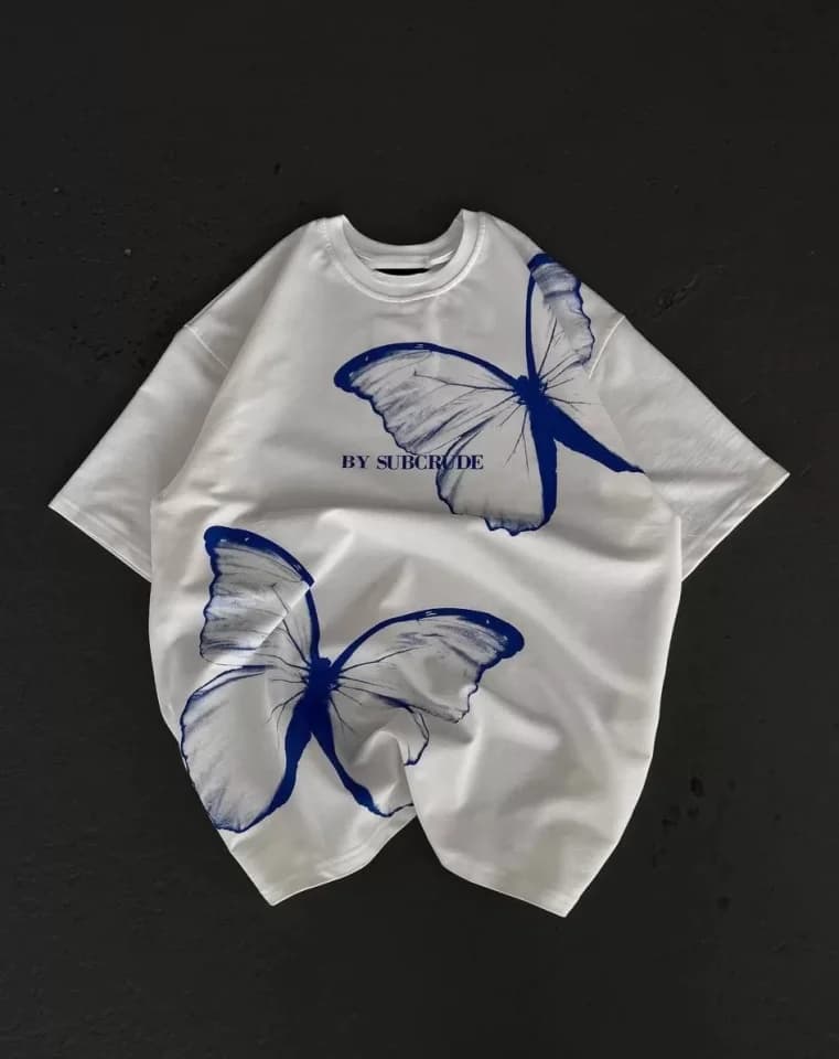 Unisex Bisiklet Yaka Baskılı Oversize T-Shirt - Beyaz — görsel 1/1