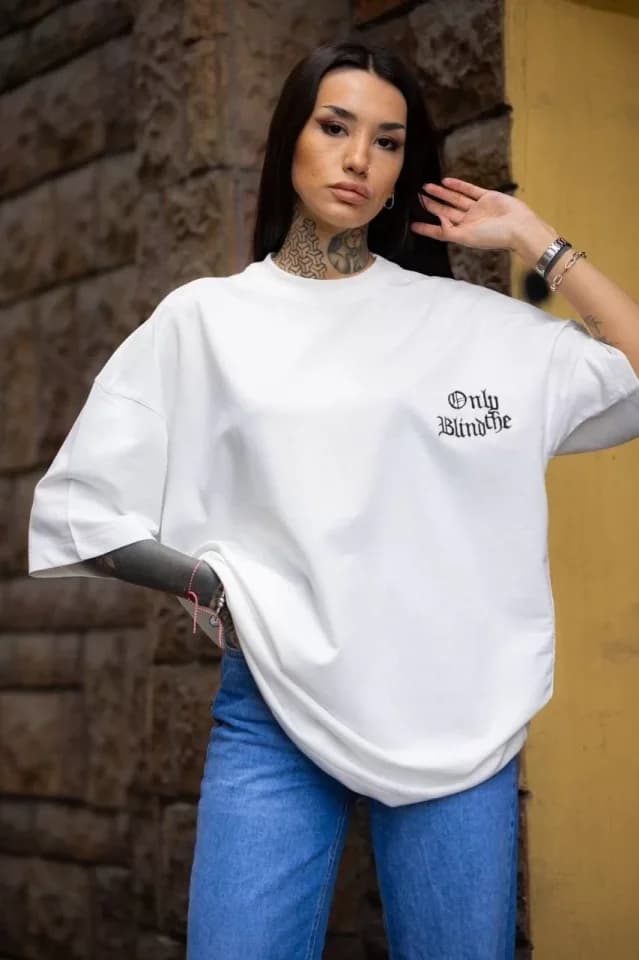 Unisex Bisiklet Yaka Baskılı Oversize T-Shirt - Beyaz — görsel 1/4