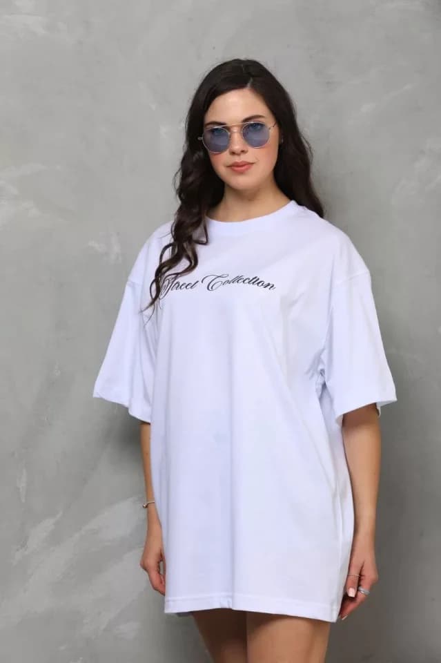 Unisex Bisiklet Yaka Baskılı Oversize T-Shirt - Beyaz — görsel 1/4