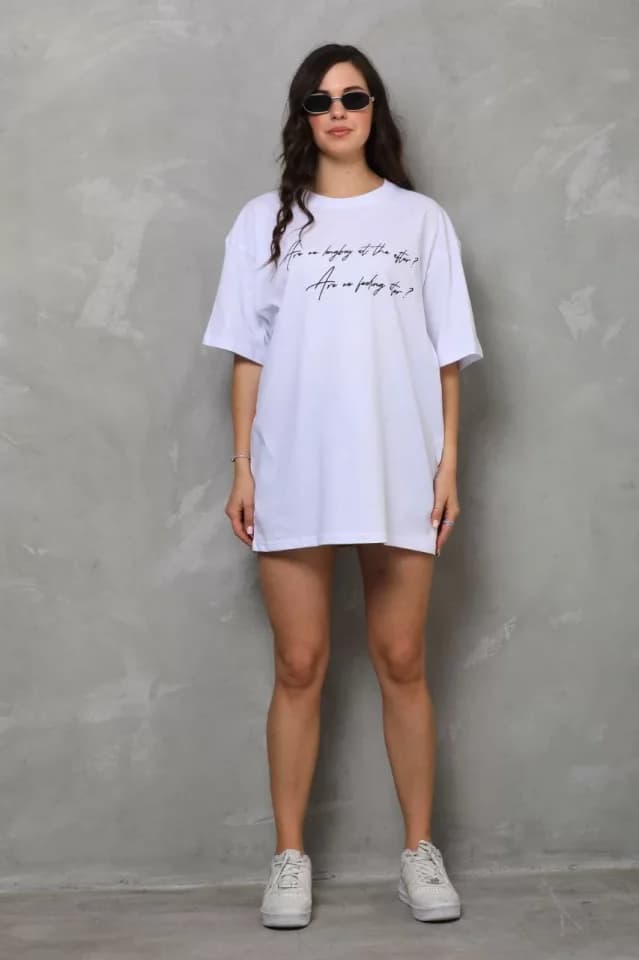 Unisex Bisiklet Yaka Baskılı Oversize T-Shirt - Beyaz — görsel 1/4