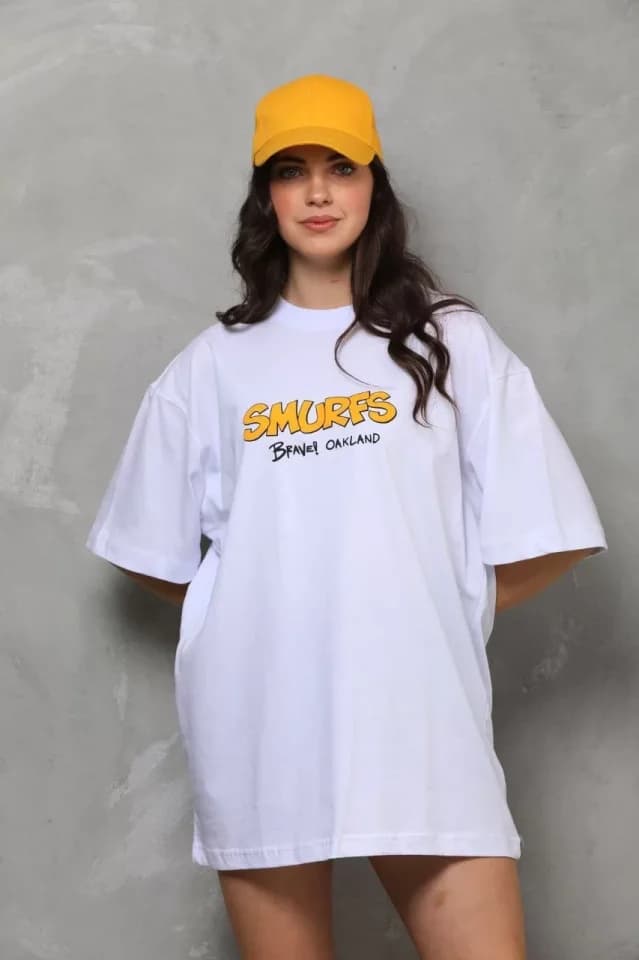Unisex Bisiklet Yaka Baskılı Oversize T-Shirt - Beyaz — görsel 1/4