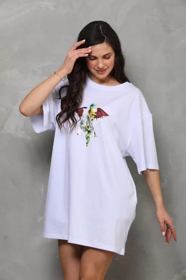 Unisex Bisiklet Yaka Baskılı Oversize T-Shirt - Beyaz — görsel 1/4