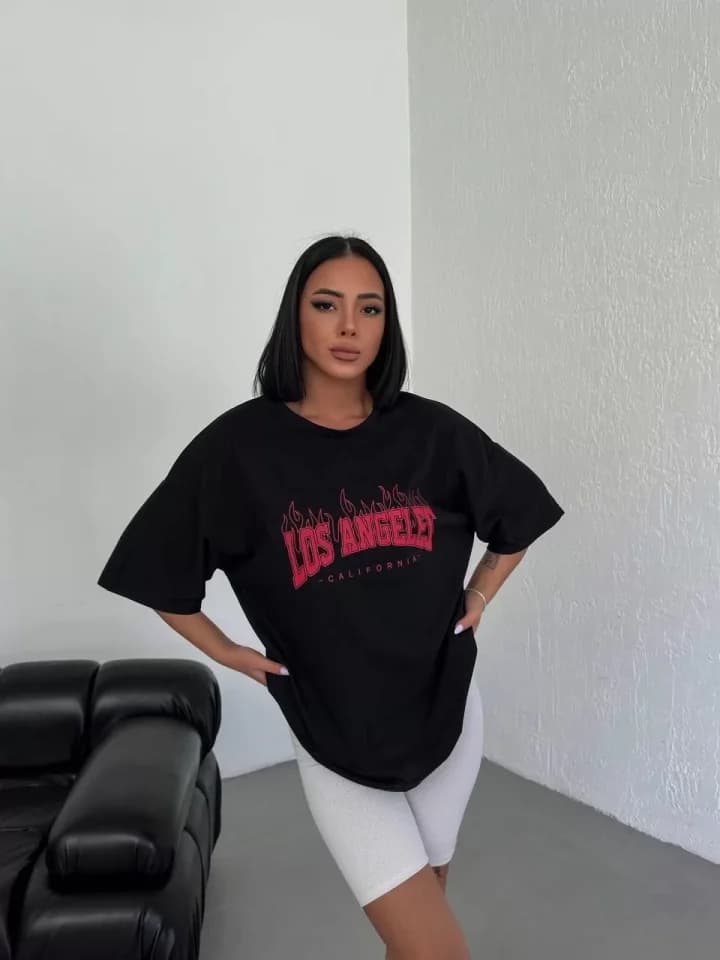 Unisex Bisiklet Yaka Baskılı Oversize T-Shirt - Siyah — görsel 1/4