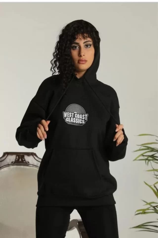 Unisex Sırt Baskılı Kapüşonlu Üç İplik Oversize Sweatshirt - Siyah — görsel 1/3