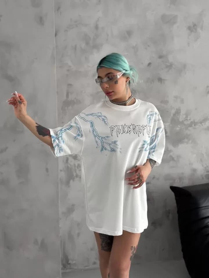 Unisex Bisiklet Yaka Baskılı Oversize T-Shirt - Beyaz — görsel 1/4