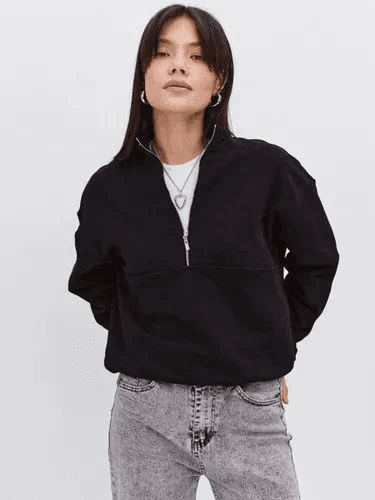 Oversize Yarım Farmuarlı Yakalı Basic SweatShirt - Siyah — görsel 1/4