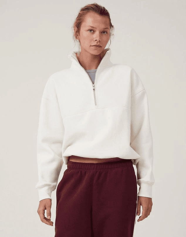 Oversize Yarım Farmuarlı Yakalı Basic SweatShirt - Beyaz — görsel 1/4